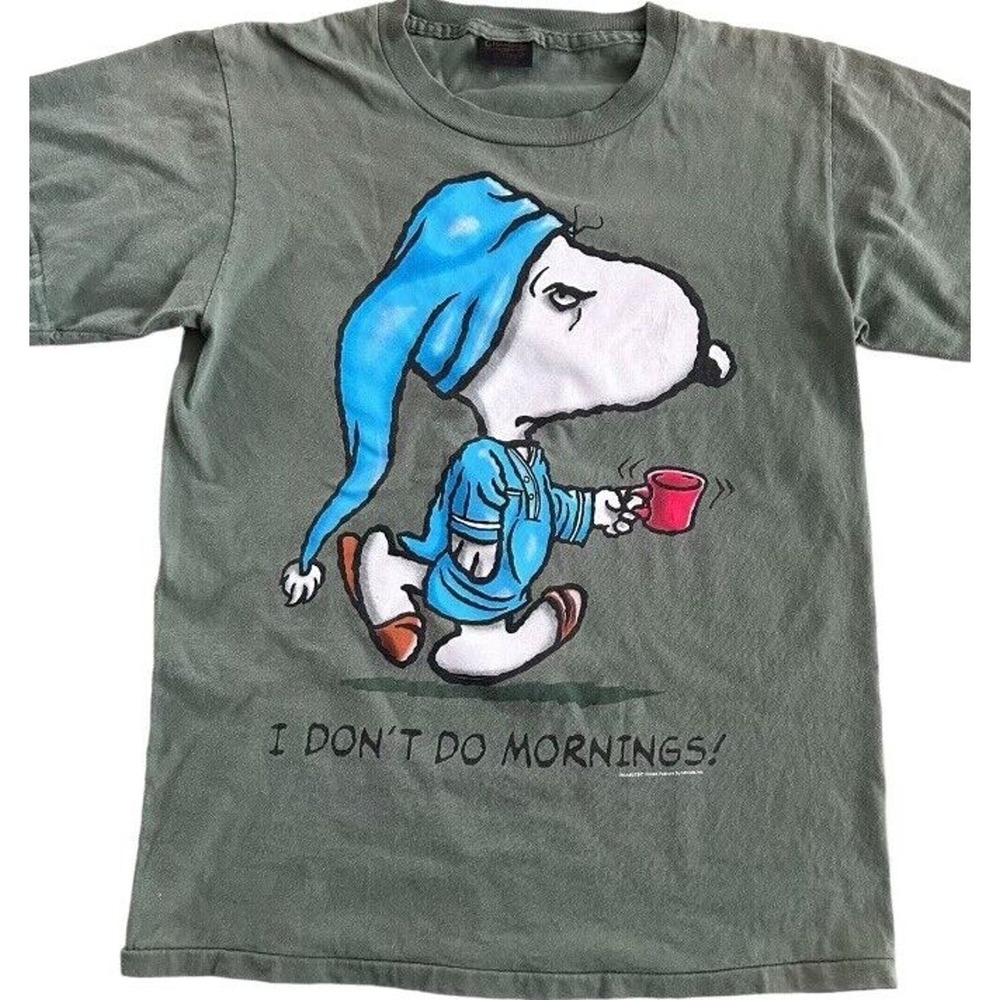 VTG Peanuts Snoopy I Don't Do Mornings‎ Changes Med Single Stitch Bottom T Shirt